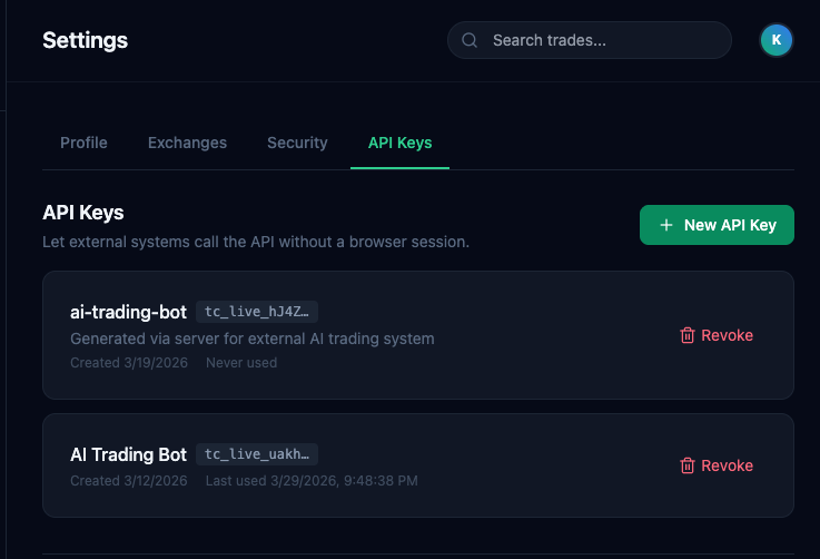 TakeProfit account security screen with API key management and two-factor authentication setup.